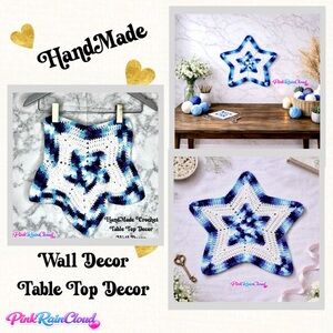 Handmade Crochet Star Wall Decor Blue White Accent Centerpiece PinkRainCloud